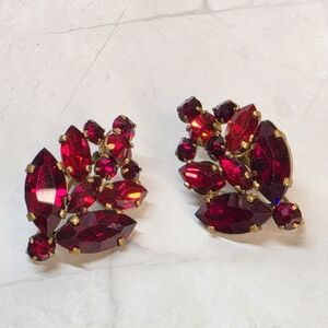 Vintage Czechoslovakia Red Rhinestone Clip Earrings Gold Tone